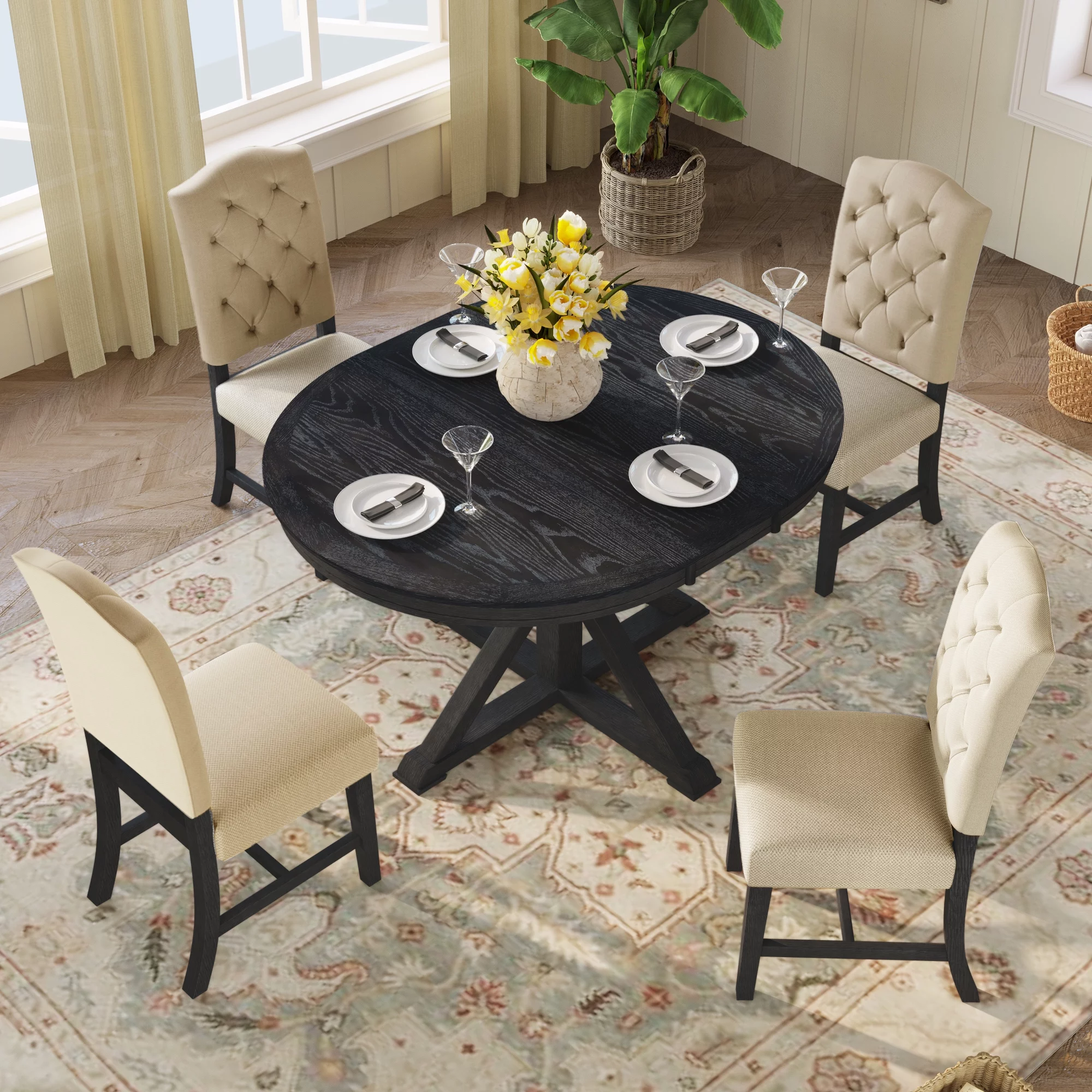 Prehome Functional Furniture Retro Style Dining Table Set with Extendable Table and 4 Upholstered Chairs for Dining Room and Living Room(Espresso)
