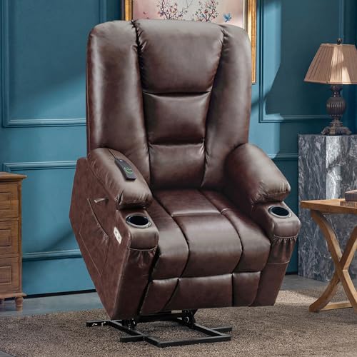 MCombo Small Power Lift Recliner Chair with Massage and Heat for Petite People, Cup Holders, USB Ports, Side Pockets, Faux Leather 7569 (Small