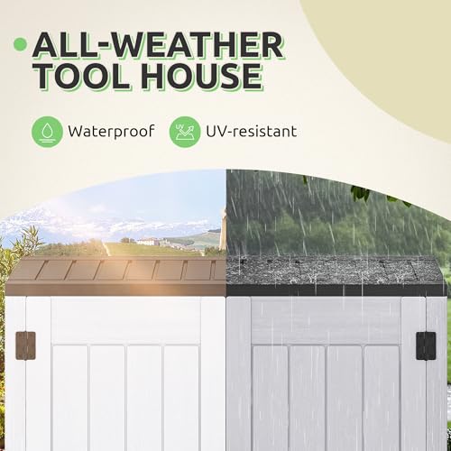 GOOBED Vertical Outdoor Storage Shed, 59 Cubic Feet Resin Tall Shed, Lockable Waterproof Tool Organizer for Garden, Garage, Patio, No Shelves (Brown)
