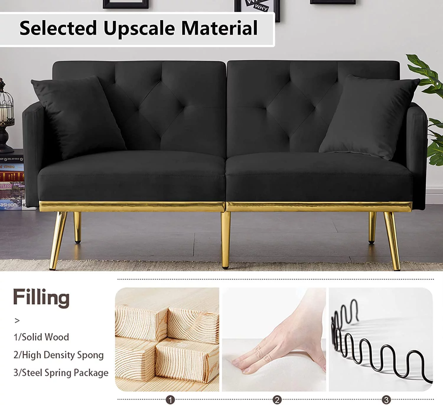 59" Convertible Folding Sofa Bed with 2 Pillows & Side Pockets, Modern Velvet Sleeper Couch Bed with 3 Adjustable Backrests