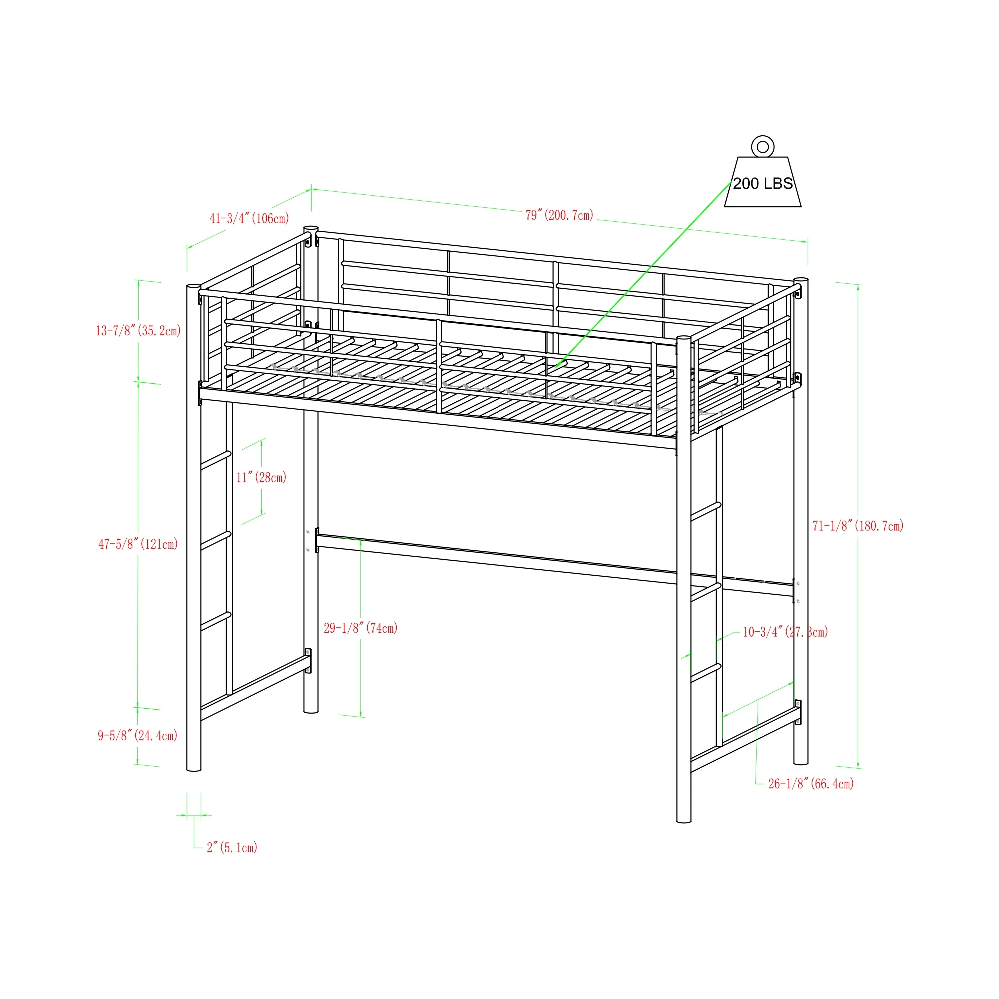 Walker Edison Premium Traditional Twin Metal Loft Bed, Black