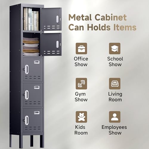 Locker Metal Storage Cabinet, Steel Office Storage Lockable Lockers for Employees Kids School Gym Home Garage Locker with Mirror & Hooks (5 Doors