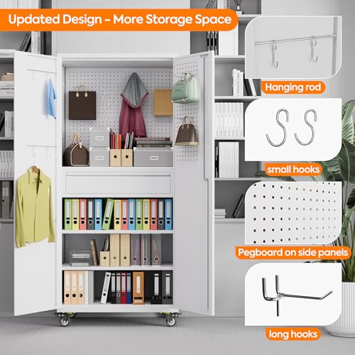 Aobabo 71" H×32" W×16" D Metal Storage Cabinet with Wheels, Garage Steel Storage Cabinet with 5 Adjustable Shelves and 4 Hooks for Home Office