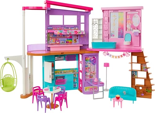 Barbie Vacation House, 2-Storey Fully-Furnished Barbie House with 6 Play Areas, Swing Chair Elevator, 30 Accessories, Fold and Store