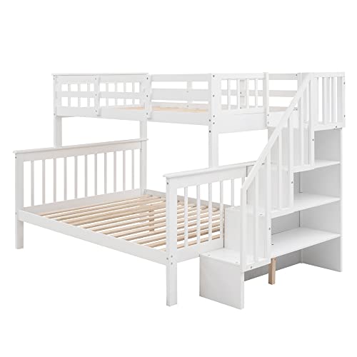 Ball & Cast Twin-Over-Twin Bunk Bed with Twin-Size Trundle and 3 Storage Stairs,Wood Bunkbed w/Full-Length Guardrails,Slat Support