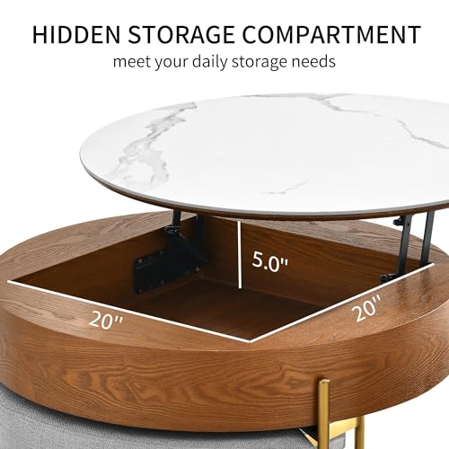 DWVO 32" L Round Marbling Pattern Slate Coffee Table with Storage 3 Stools Wood Rustic Boho Lift Top Coffee Table Set for Living Room