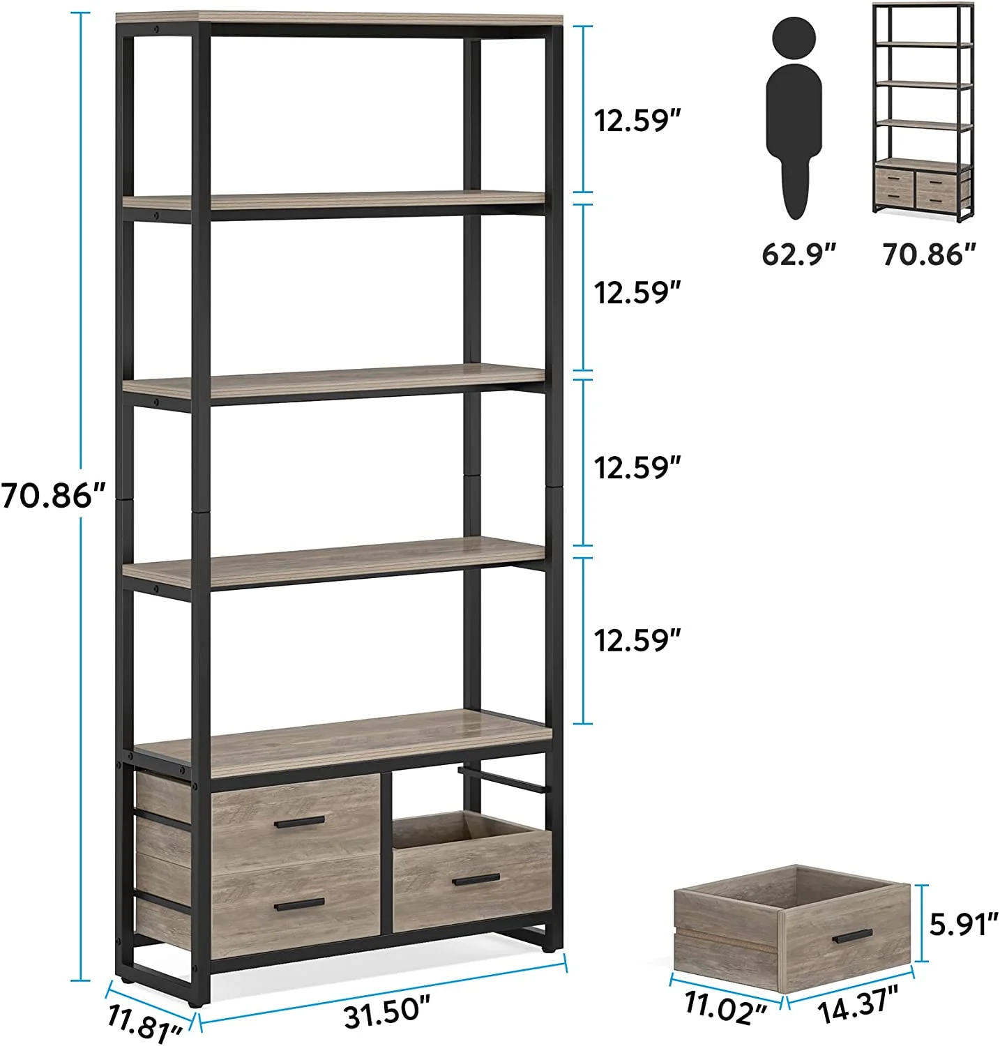 Tribesigns 70.9" Tall Bookshelf, Etagere Bookcase with 4 Drawers