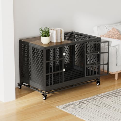48/42/38 Inch Heavy Duty Dog Crate with Wheels, Folding Metal Big Dog Cage for Large and Medium Dogs