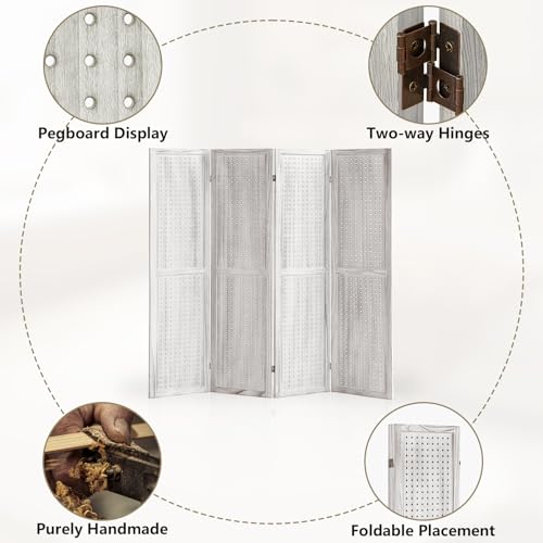 4 Panel Room Dividers and Folding Privacy Screens, 5.6Ft Wooden Pegboard Display, Privacy Dividers for Bedroom