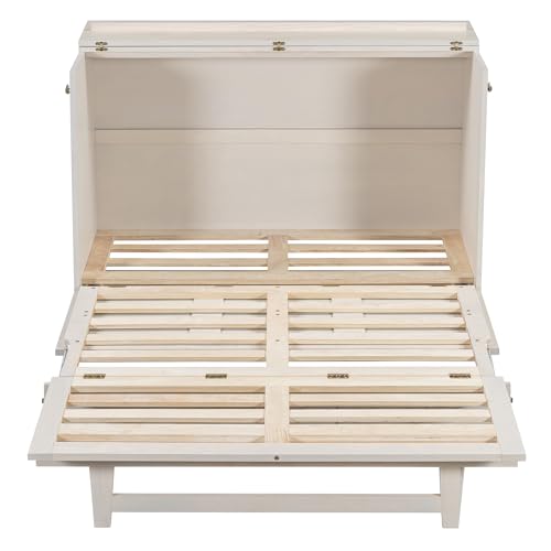 Harper & Bright Designs Full Size Murphy Bed Wall Bed, Solid Pine Murphy Bed Chest Cube Cabinet Bed with USB