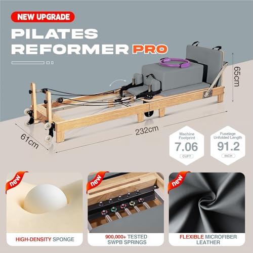 Pilates Reformer Machine, Quick-Assembly Foldable Studio Grade Pilates Equipment for Gym and Home, Oak Wood Pilates Reformer with Reformer Accessories