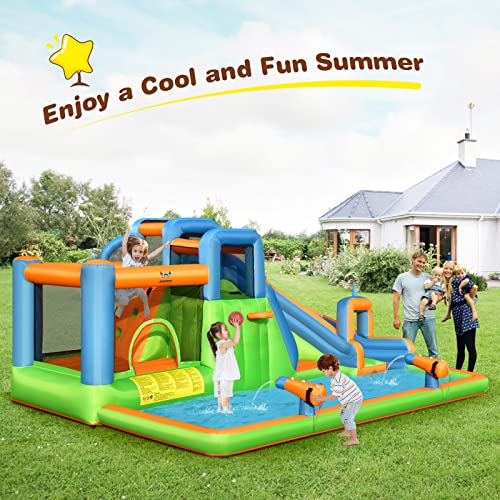 HONEY JOY Inflatable Water Slide, 7 in 1 Giant Water Park Bounce House for Outdoor Backyard, Splash Pool, Water Cannons & Climbing Walls