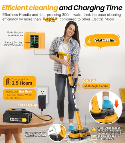qimedo 6000mAh Battery Electric Mop M1, 800RPM Cordless Electric Power Scrubber & Mops for Floor Cleaning