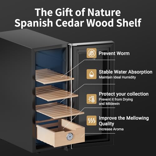 KingChii 16L Electric Cigar Humidors Temperature Control System, Cooling & Heating Humidor Cabinet with Spanish Cedar Wood Shelves & Hygrometer
