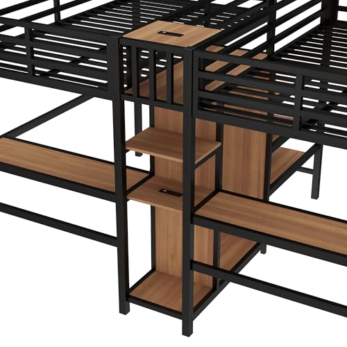 Bellamave Metal Loft Bed with Wardrobe and L-Shaped Desk, Full Size Loft Bed with Storage Cubes and Shelves, Heavy Duty LoftBed for Kids Teens Adults