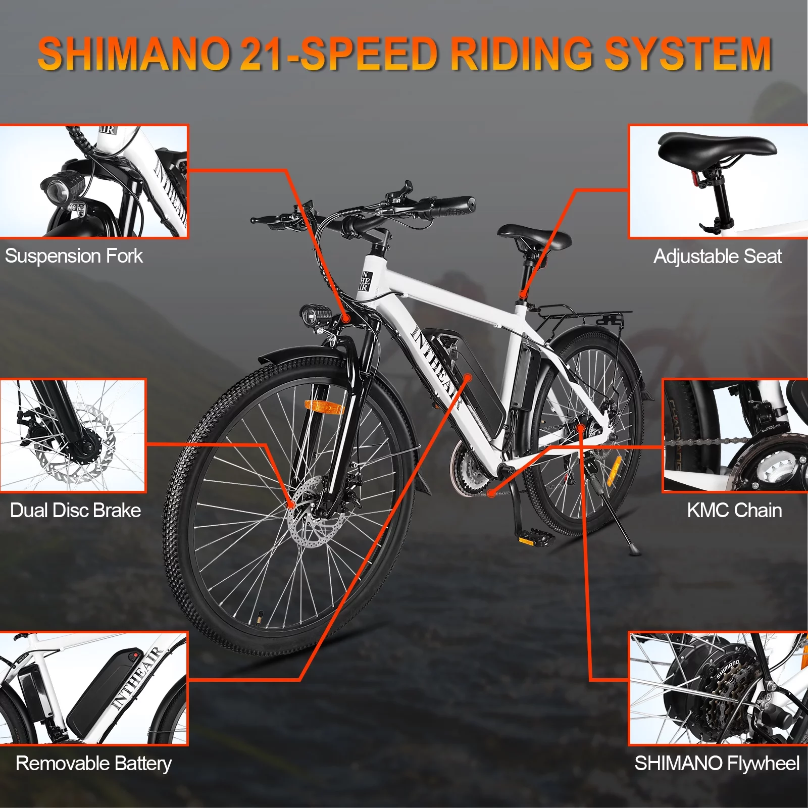 ZNH Electric Bike 26 Electric Mountain Bicycles 350W Motor E bike 21 Speed 36V 10Ah Electric Commuter Bike 20MPH Black Electric Bicycle Ebike