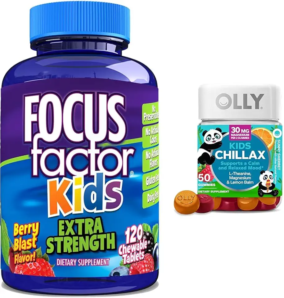 Focus Factor Kids Extra Strength Daily Chewable Brain Health Support + OLLY Kids Chillax Calm Chews, 50 Count - Kansas Nuitrition - HNZSDS