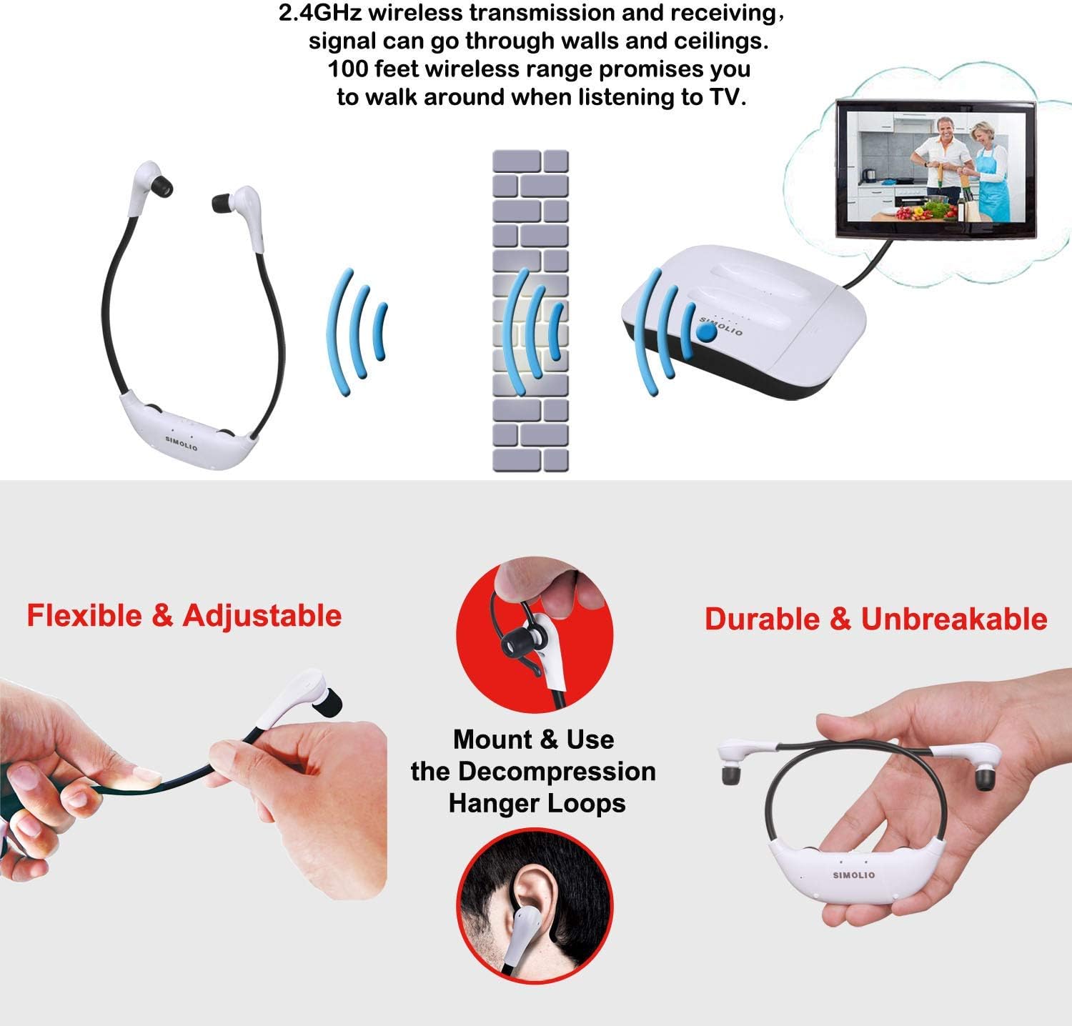 SIMOLIO 2.4G Digital Wireless TV Headsets with Spare Battery, TV Listening Wireless Headphone with Voice Highlighting,Tone & Balance Control