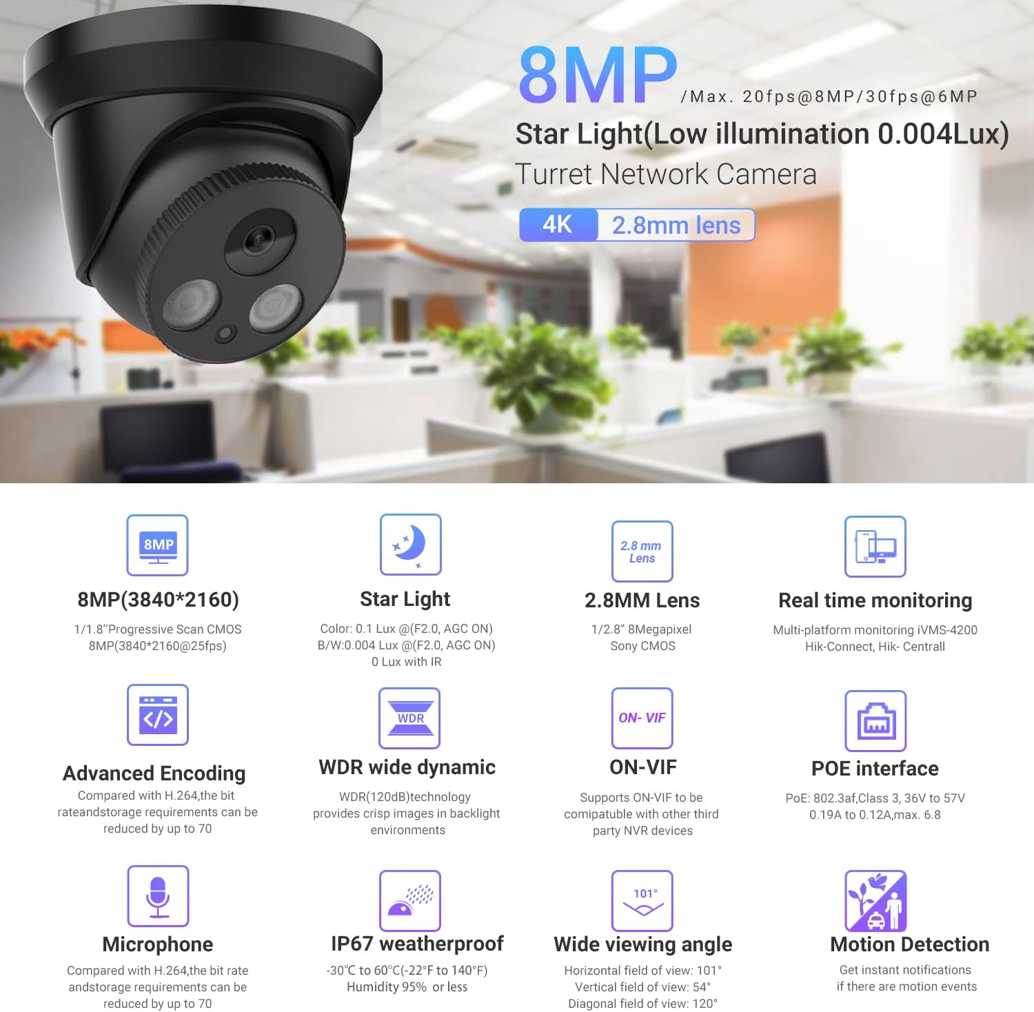 Compatible with Hikvision IP Camera 4K CCTV, Ultra HD 8MP(3840 x 2160) Poe Turret Network Camera with 98ft IR Night Vision, 2.8mm Lens, Built-in Mic
