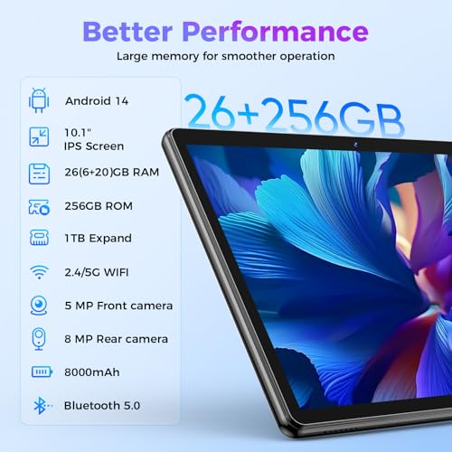 Android Tablet with Keyboard, 26GB RAM, 256GB ROM(1TB Expand), 10.1 inch Android 14 Tablet, 8000mAh Battery, BT 5.0, GMS Certified, 2.4G&5G WiFi