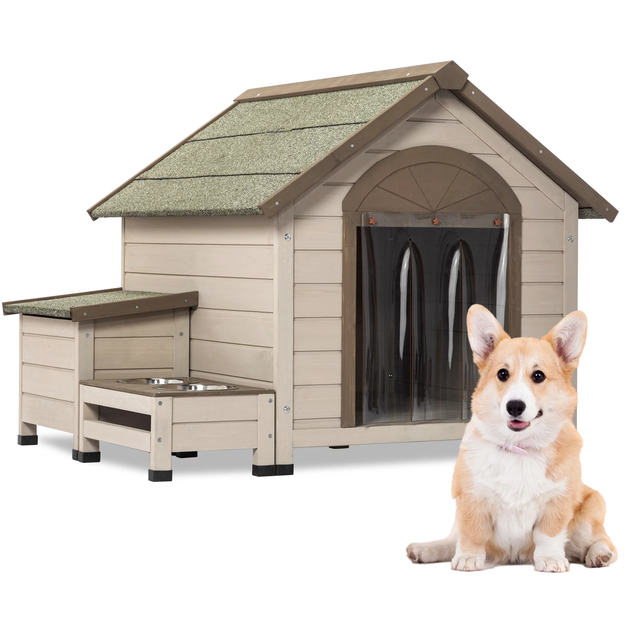 Euroco Outdoor Wood Dog House Waterproof Pet Log Cabin for Small Medium Dog with Feeding Station, Storage Box