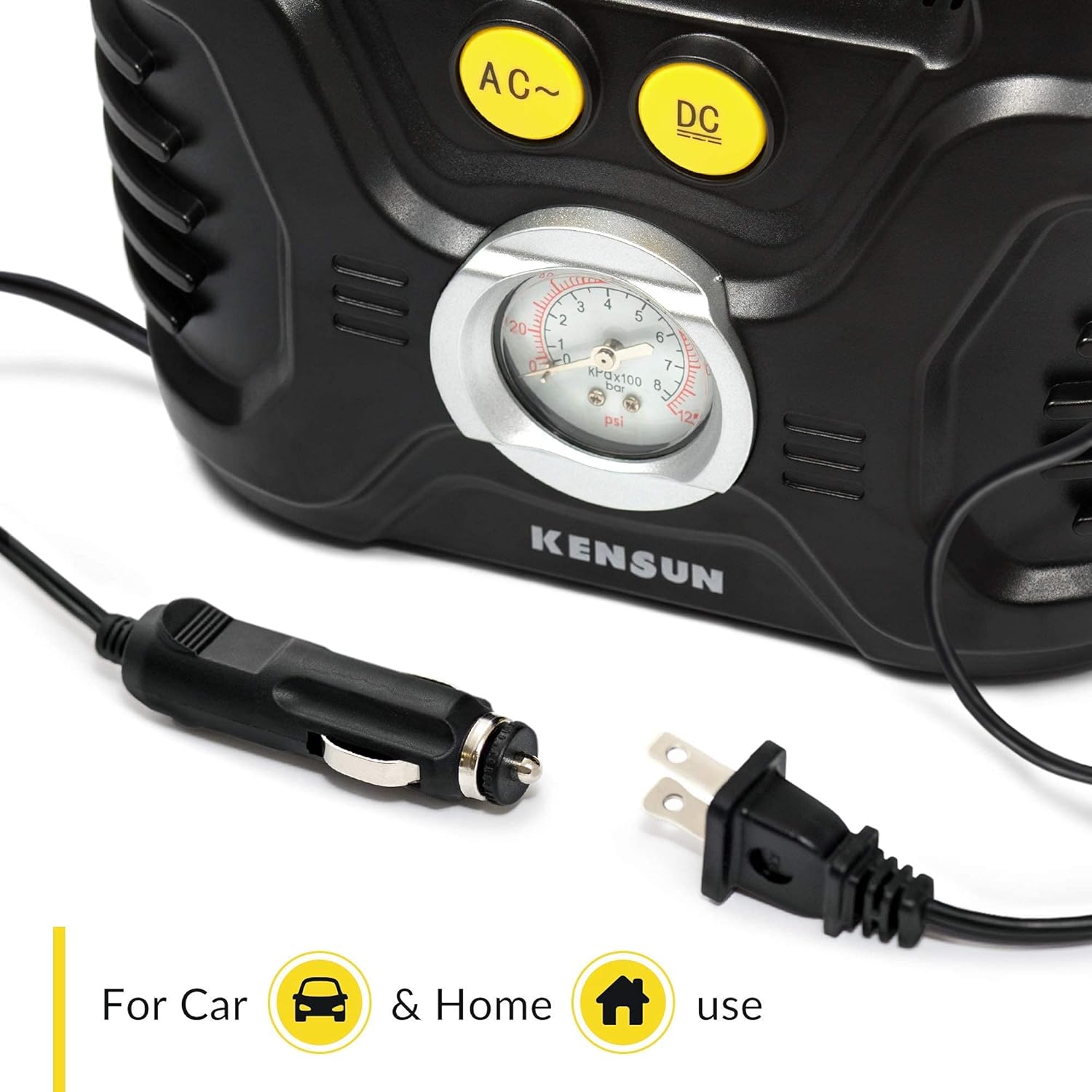 Kensun Portable Air Compressor Pump for Car 12V DC and Home 110V AC Swift Performance Tire Inflator 100 PSI for Car - Bicycle - Motorcycle