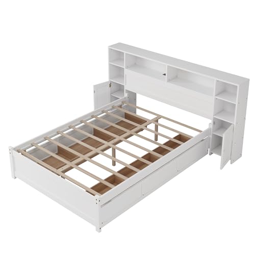 SOFTSEA Twin Size Captains Bed with 6 Storage Drawers and Bookcase Headboard, Wood Twin Storage Platform Bed with USB Ports