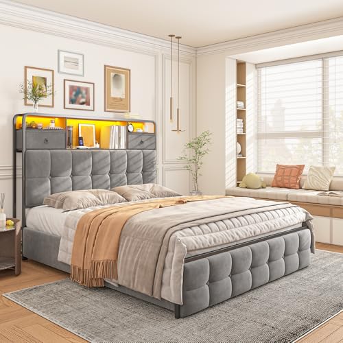 EnHomee King Size Bed Frame with 4 Storage Drawers King Bed Frame with Headboard Built in Charging Station and LED Lights, No Noise