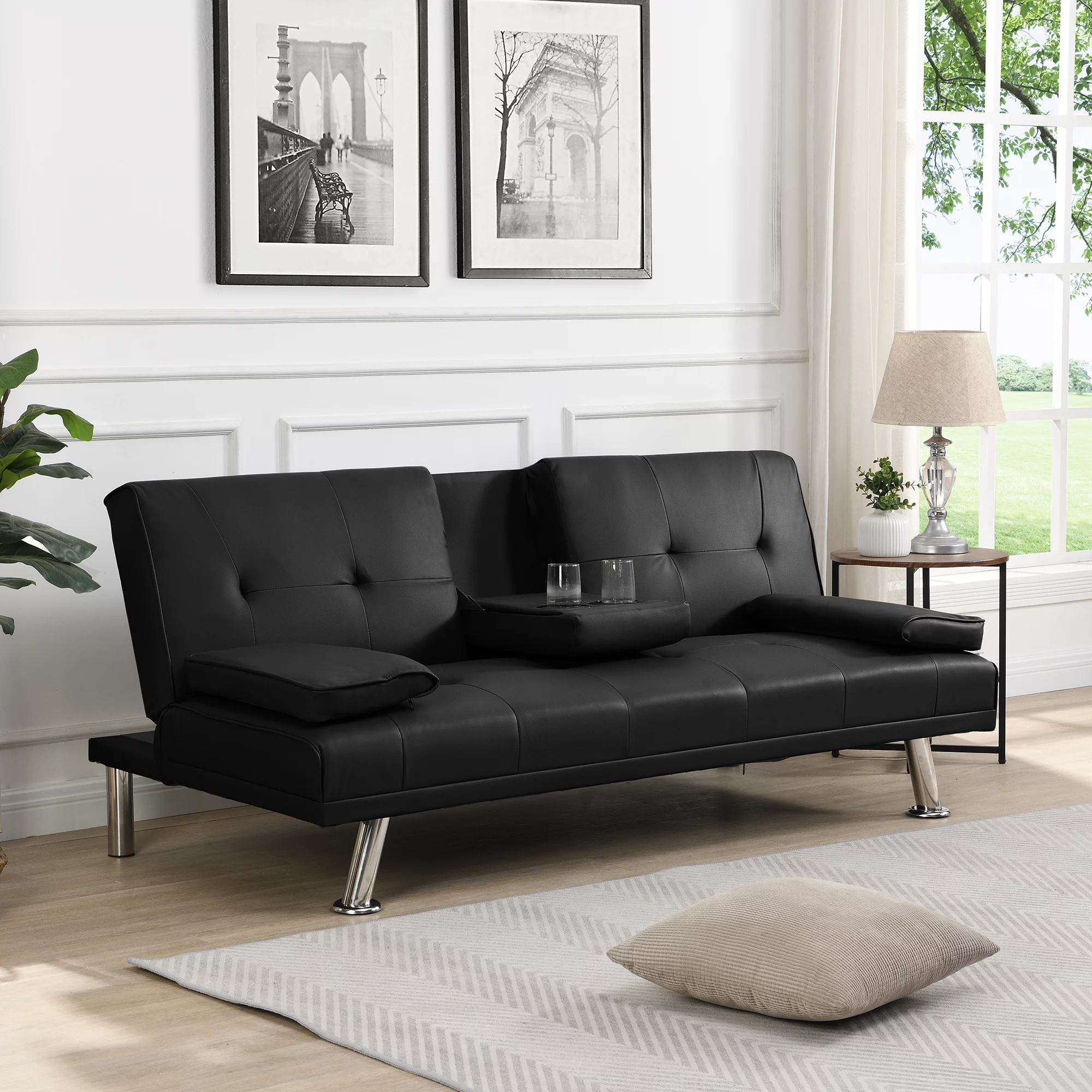 BASTCH Home Futon Sofa Bed, 67 Inch Sofa bed with Removable Armrests, Wood Frame, 2 Cup Holders, Convertible Sofa Bed for Living Room