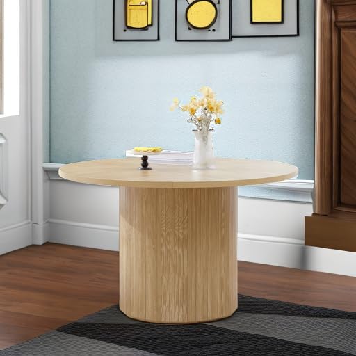47 inch Round Dining Table for 4, Kitchen Table Dinner Table with 2-Layer Storage Shelf and Wood Slide Door for Home Dining Room Living Room (Walnut)