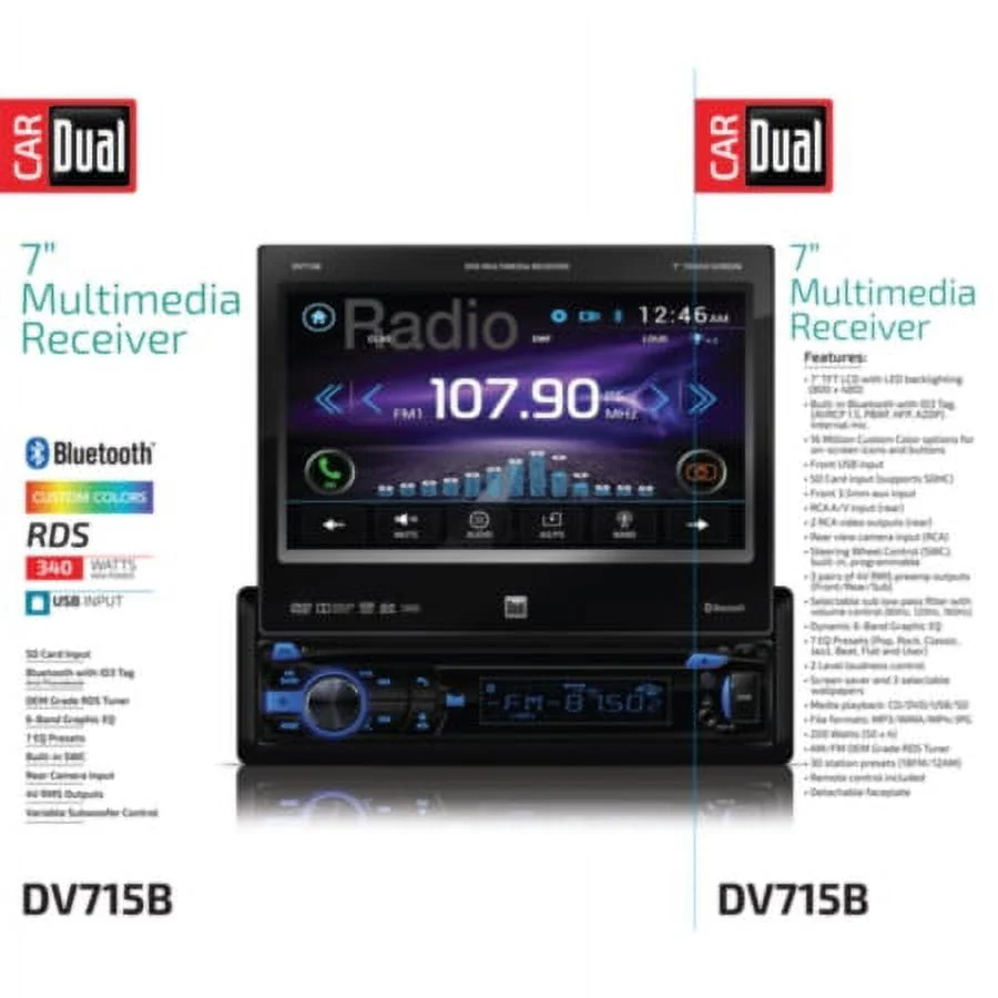 Dual DV715B - DVD receiver - display - 7 - touch screen - in-dash unit - Single-DIN - 85 Watts x 4