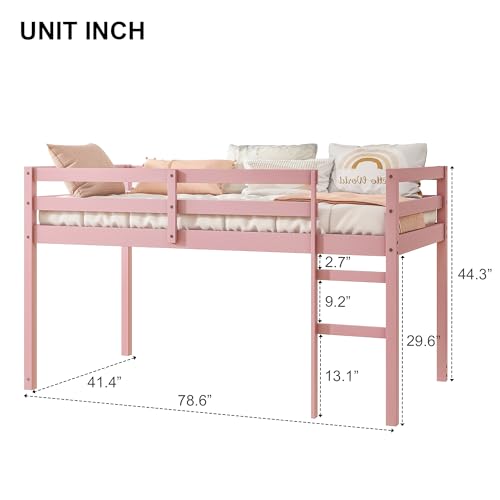 Low Loft Bed Twin Size, Kids Solid Wood Modern Loft Bed Frame with Ladder and Safety Guardrail for Girls Boys, Noise-Free,Non-Toxic Finishes