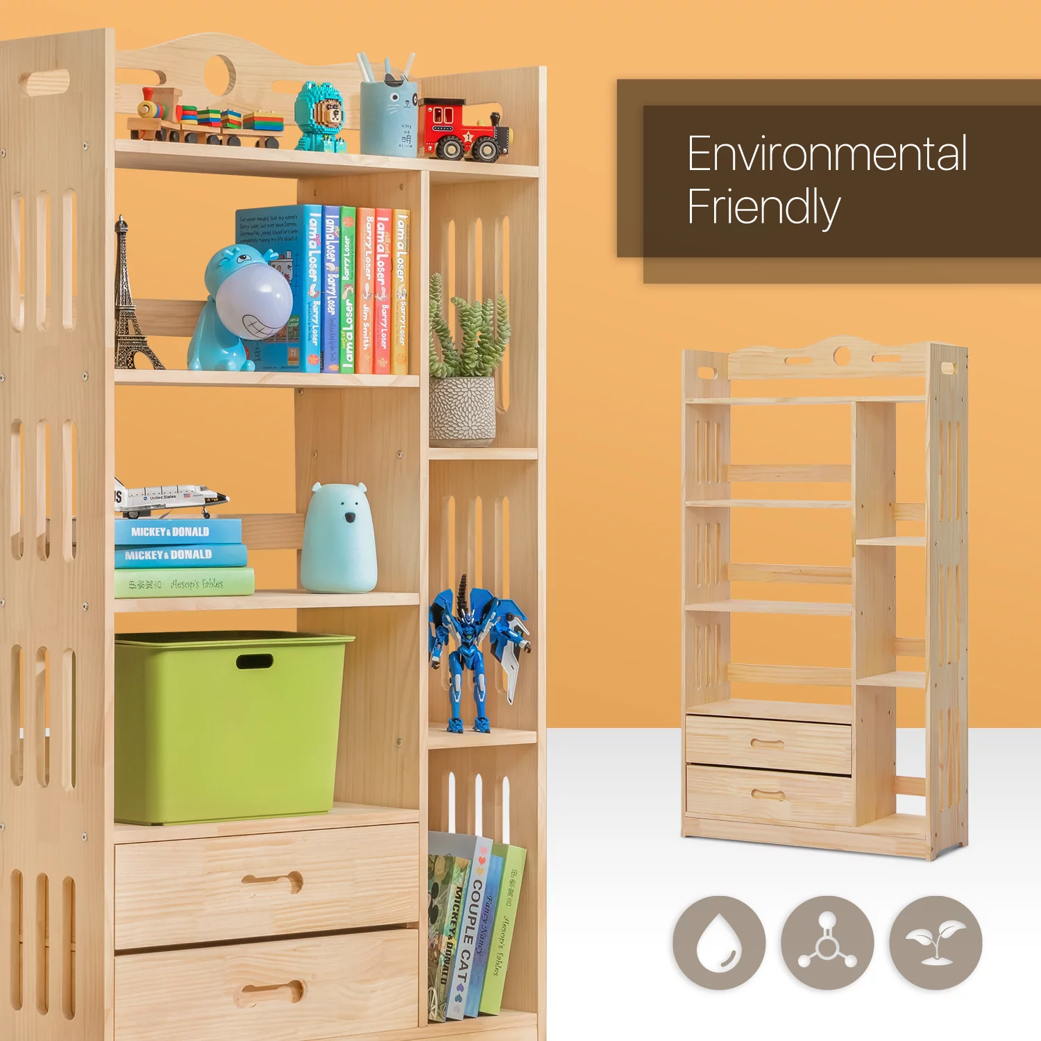 MoNiBloom Wood 5 Tiers 2 Drawers Bookcase, Display Storage Bookshelf, Natural, for Living Room