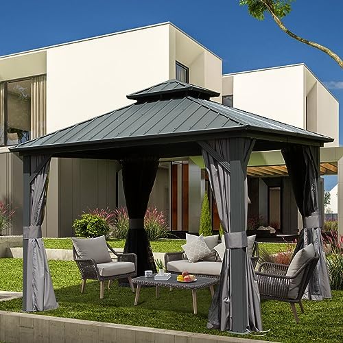 Domi 10' x 10' Hardtop Gazebo Outdoor Metal Gazebo with Galvanized Steel Double Roof Canopy, Curtains and Netting for Patio, Backyard, Deck