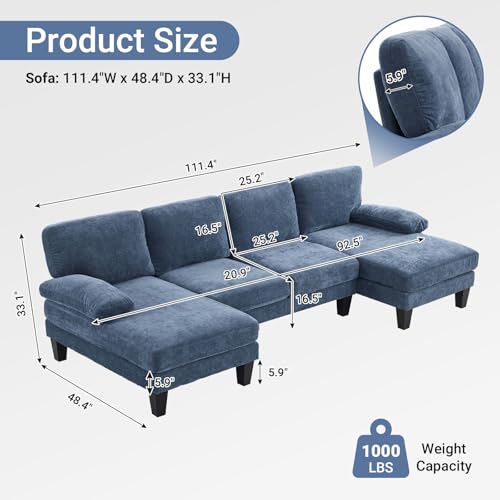 VINGLI 110" Sectional Couches for Living Room,U Shaped Couch with Double Chaise, 4-Seat Sofa Set with Chenille Fabric for Home Furniture,Forest Green