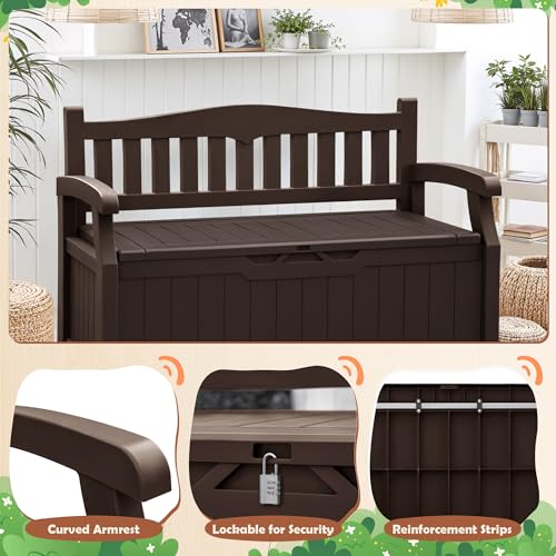 JUMMICO 80 Gallon Resin Outdoor Storage Bench, Large Deck Box with Armrest, Lockable & Waterproof for Garden, Home, Patio, Pools (Black)