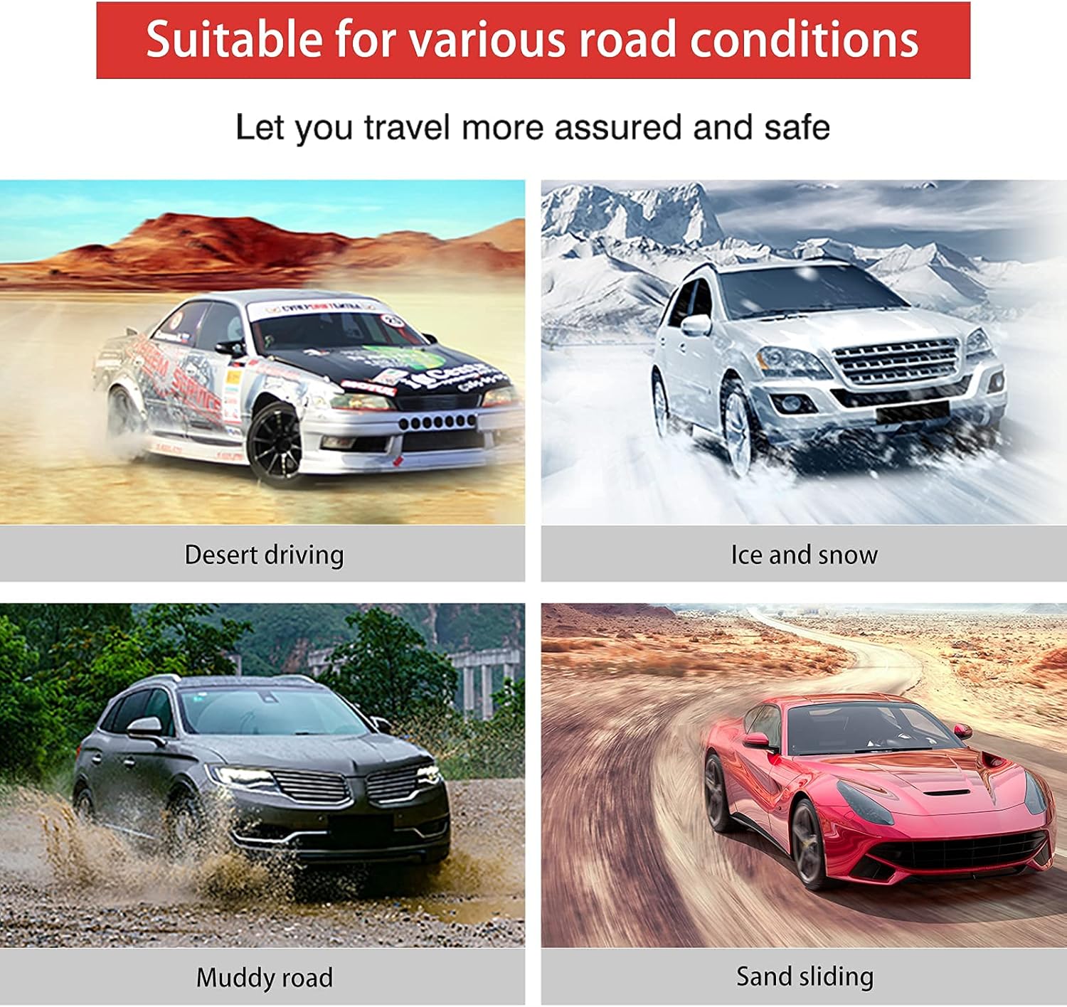 Universal Snow Chains for Cars/SUV/ LT Truck/Pickup Adjustable Traction Tire Chains for Tyres Width 145-285mm (5.71-11.2 inch)Easy to Mount Emergency