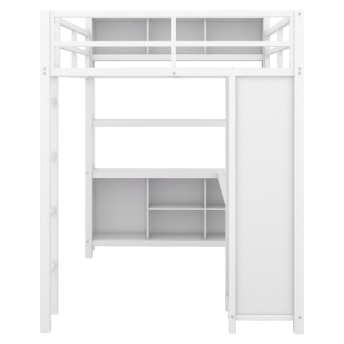 Harper & Bright Designs Full Size Loft Bed with Wardrobe and L-Shaped Desk, Metal Loft Bed with Storage Cubes, Cabinet, Shelves for Kids Teens, White