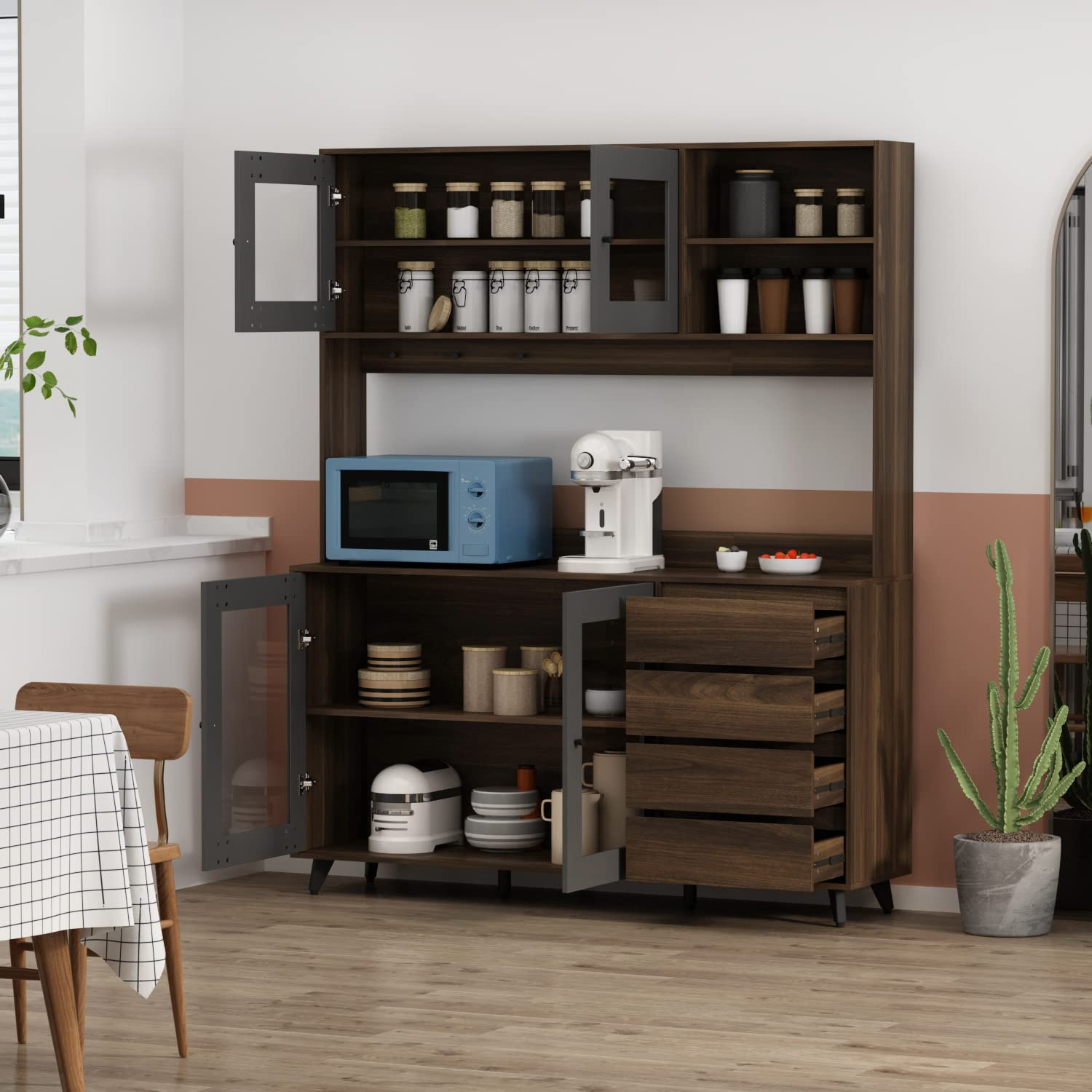 【Furniture】Freestanding Kitchen Pantry Storage Cabinet with Glass Doors, Shelves & Drawers