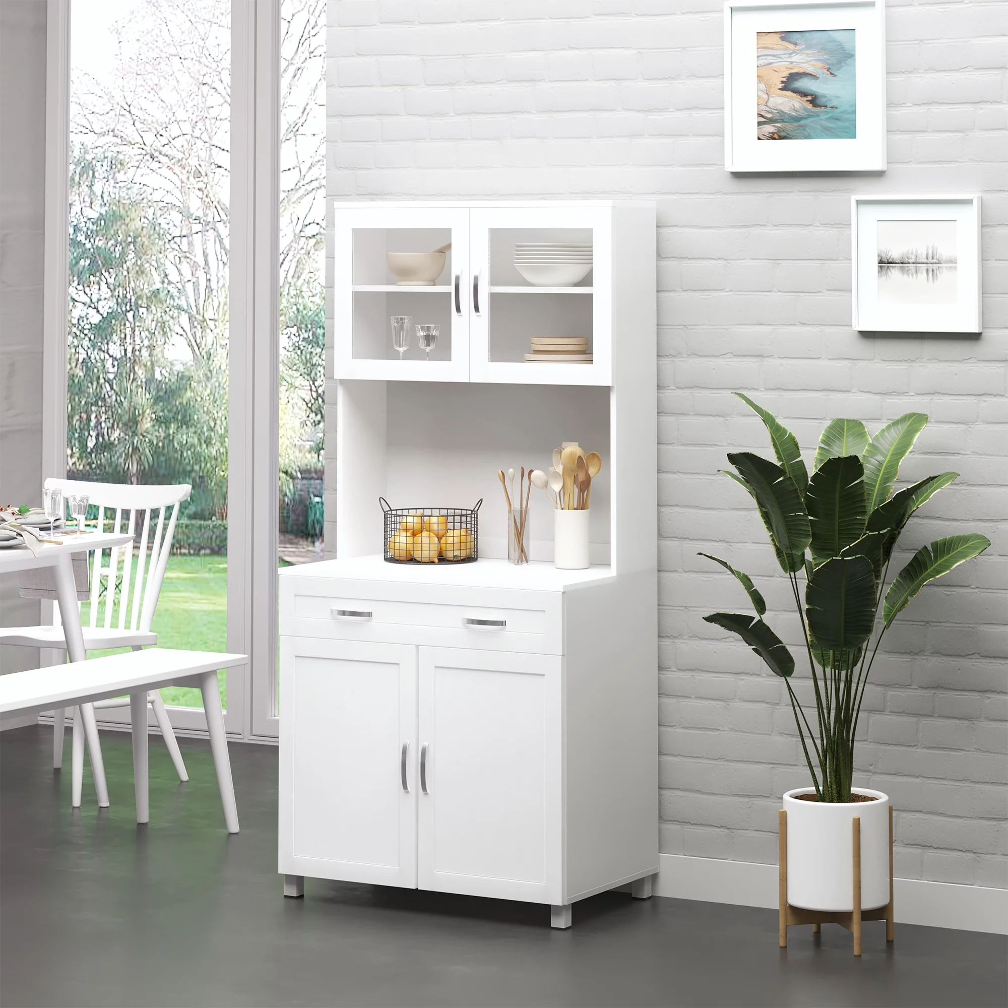 HOMCOM 67" Buffet with Hutch, Modern Kitchen Pantry, Freestanding Storage Cabinet with Framed Glass Doors, Shelves and Drawers, White