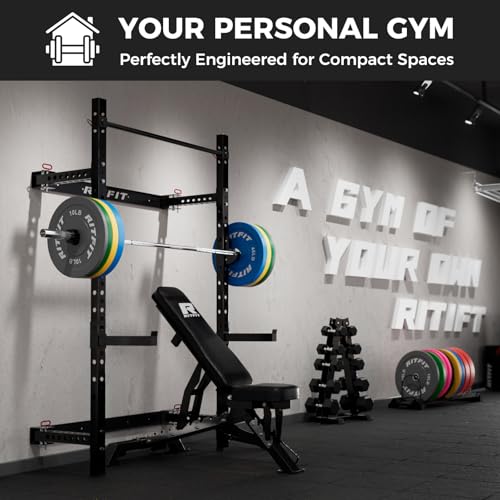 RitFit Multi-Functional Folding Squat Rack for Home Gym, 2.36'' x 2.36'' Wall Mounted Squat Rack with Attachments - Space Saving Squat Power Rack