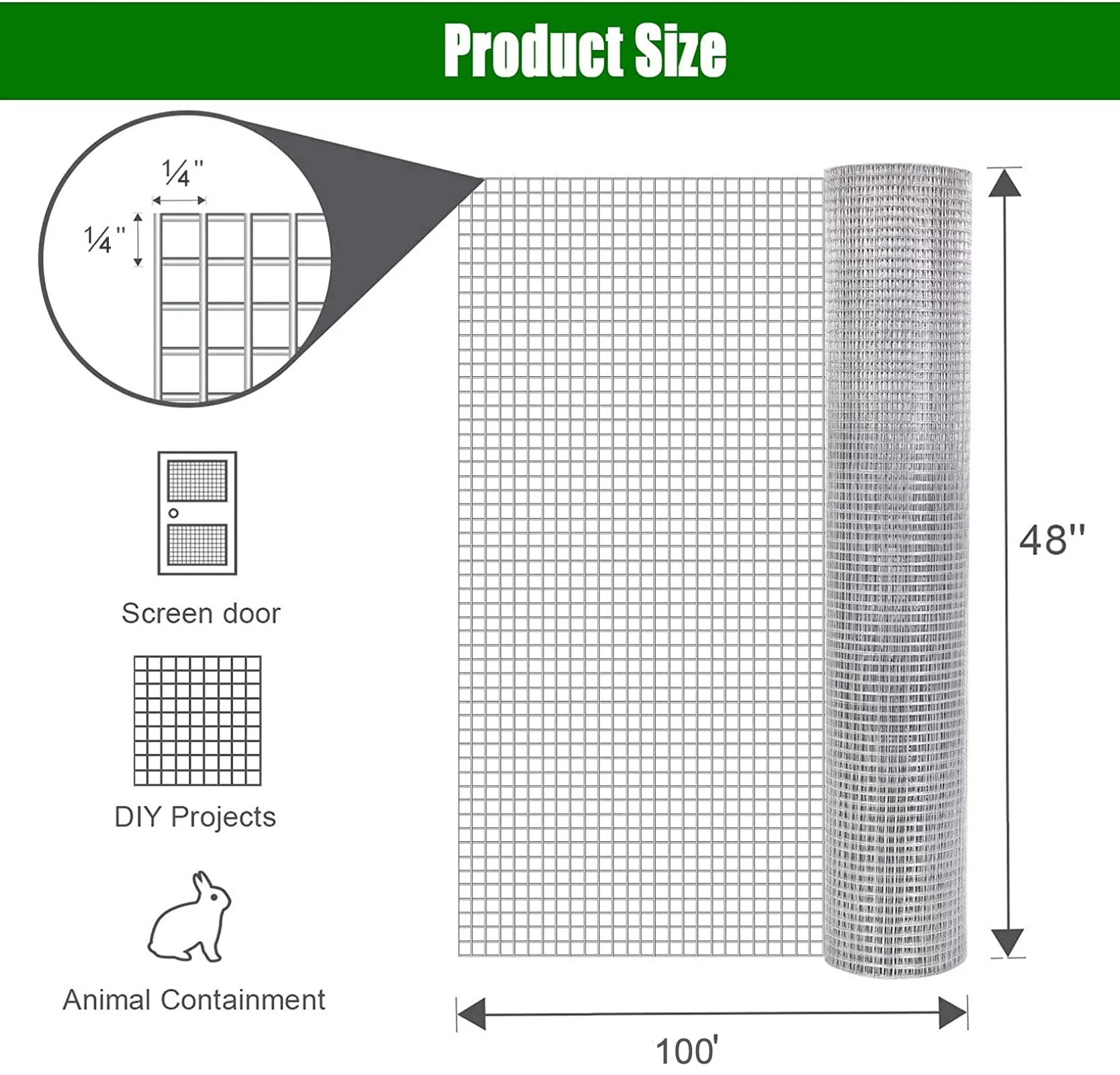 KOTIA 48inx100ft 1/4 in 23 Gauge Hardware Cloth Welded Cage Wire Chicken Fence mesh Rolls Square Chicken Wire Netting Raised Garden Rabbit Fence