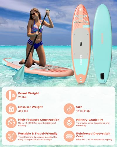 Highpi Inflatable Stand Up Paddle Board Premium SUP Accessories, Backpack, Wide Stance, Surf Control, Non-Slip Deck, Leash, Paddle and Pump