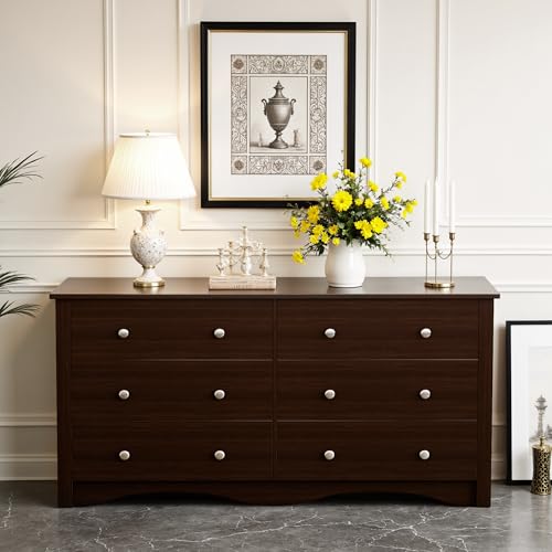 JUMMICO Dresser for Bedroom, 6 Wood Dresser Drawers, Wide Chest of Drawers, Storage Tower Unit, Modern Design for Bedroom, Living Room, Hallway