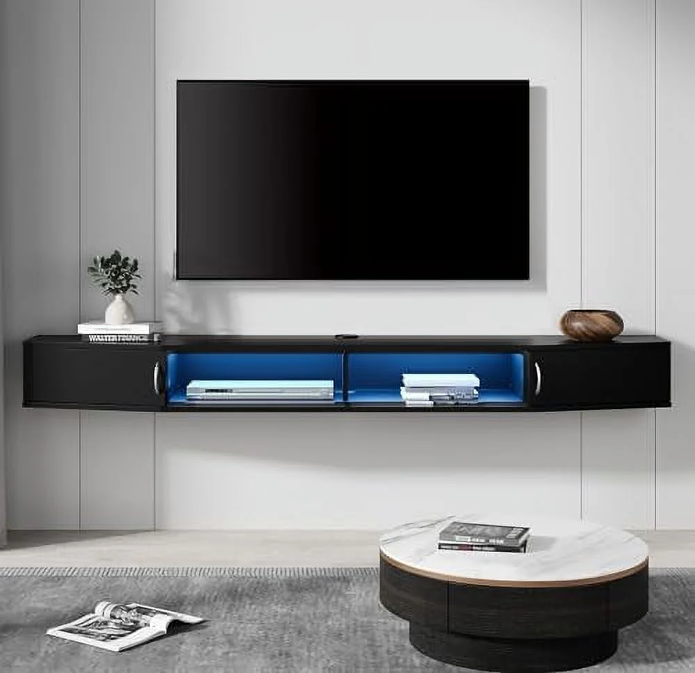 RUNFAYBIU Floating TV Stand Wall Mounted  with Colorful LED Lights  Wood Media Console Entertainment Center Under TV  Cabinet Hutch Desk  for Home