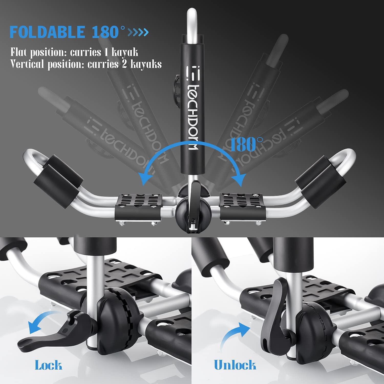 Kayak Roof Rack for 2 Kayaks, J-Style Folding Support Adjustable Bilateral on Roof Top on SUV