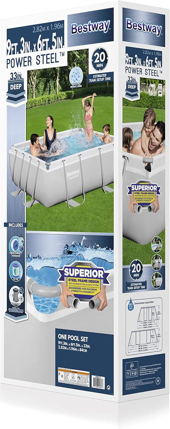 Bestway 56711E Power Steel 18' x 9' x 48 Outdoor Oval Frame Above Ground Swimming Pool Set with 1500 GPH Cartridge Filter Pump, Cover, & Ladder, Gray