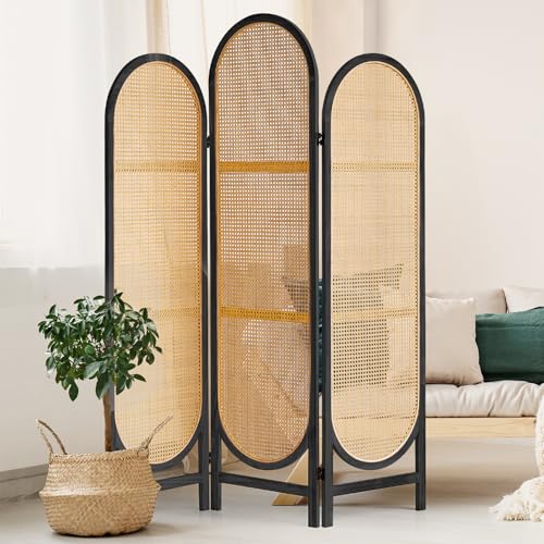 3 Panel Room Dividers and Folding Privacy Screens, Hand-Made Rattan Room Divider with Bi-Directional Hinge