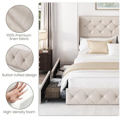 King Size Bed Frame with 4 Storage Drawers and Tufted Headboard Linen Upholstered Platform Bed Frame Wingback Beds with Wooden Slats Support