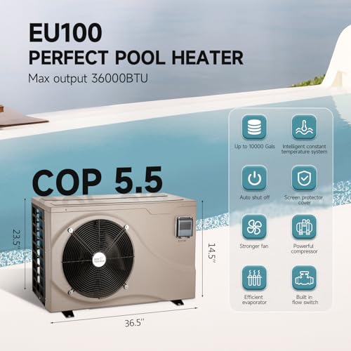 Above Ground Pool Heater EU50, Max 16184BTU Up to 5000gallons Electric Swimming Pool Heat Pumps, Titanium Heat Exchanger, 5.62 COP, 110V/120V